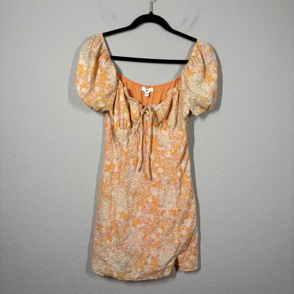 BP Small Crosshatch Yellow Orange Meadow Floral Milkmaid Short Sleeve Dress - Picture 2 of 10